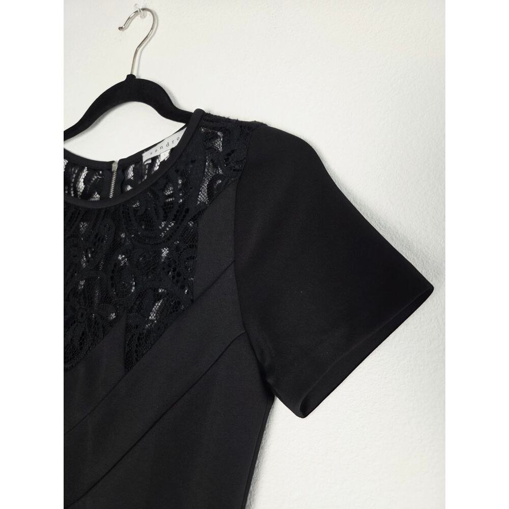 Sandro Black Mini Dress 4 Small Sheath Pencil Short Sleeves Lace Yoke - Picture 7 of 13